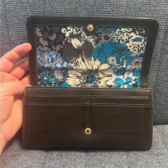 Vera Bradley Black Leather Wallet Clutch with Blue Floral Pattern Inside - Picture 3 of 10